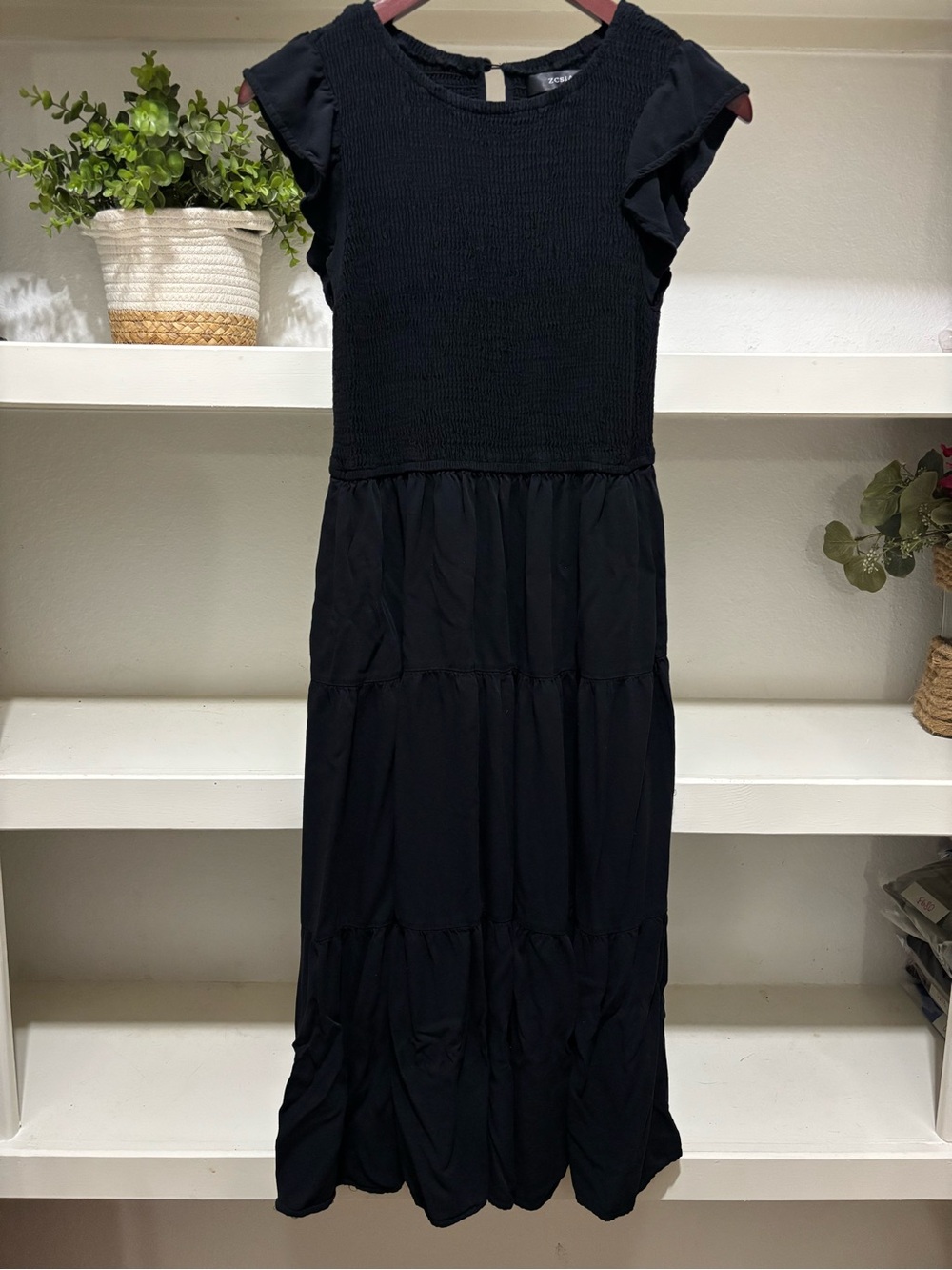 Women’s Black Tiered Knit & Woven Midi Dress